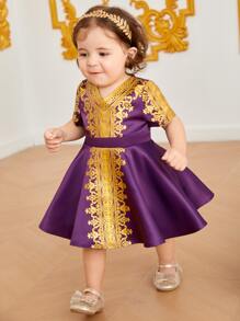 SHEIN Baby Baroque Print V Neck Dress - Purple - View 3