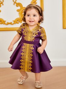 SHEIN Baby Baroque Print V Neck Dress - Purple - View 4