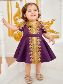 SHEIN Baby Baroque Print V Neck Dress - Purple - View 5