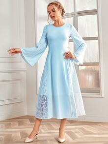 Vestido con encaje en contraste de manga con volante - Celeste - Ver 6