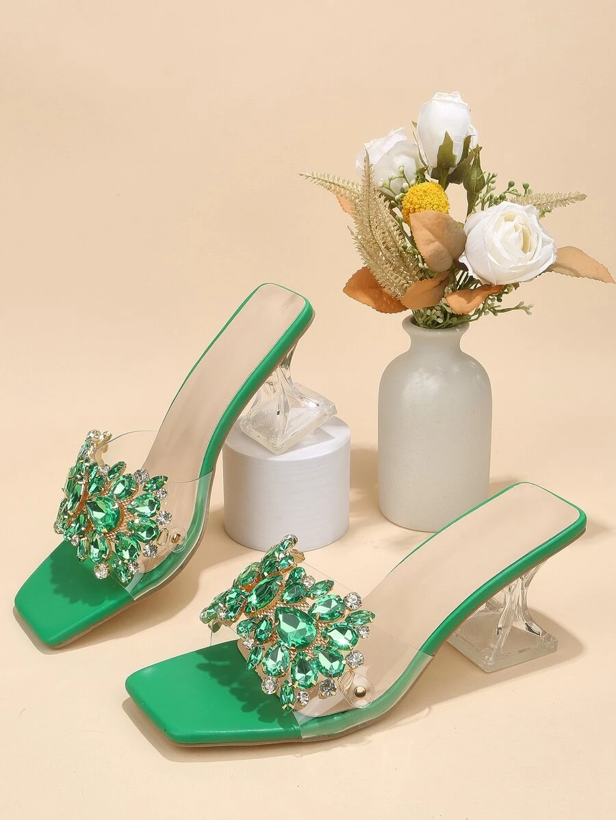 Women Rhinestone Decor Heeled Sandals, PVC Clear Sculptural Heeled Fashionable Mule Sandals,Spring Summer Outfits