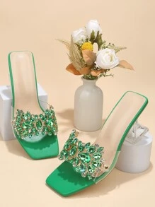 Women Rhinestone Decor Heeled Sandals, PVC Clear Sculptural Heeled Fashionable Mule Sandals,Spring Summer Outfits - Green - View 3