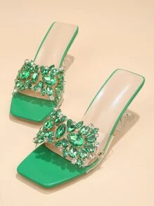 Women Rhinestone Decor Heeled Sandals, PVC Clear Sculptural Heeled Fashionable Mule Sandals,Spring Summer Outfits - Green - View 4