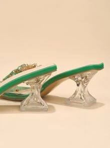 Women Rhinestone Decor Heeled Sandals, PVC Clear Sculptural Heeled Fashionable Mule Sandals,Spring Summer Outfits - Green - View 5