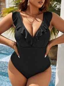 SHEIN VCAY Bañador una pieza ribete con fruncido - Negro - Ver 4