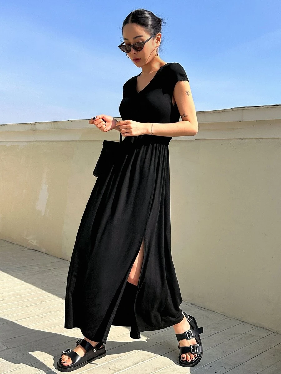 DAZY Vestido de tirantes con abertura en el muslo - Negro - Ver 1