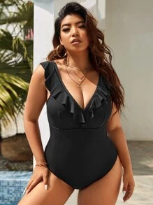 SHEIN VCAY Bañador una pieza ribete con fruncido - Negro - Ver 5