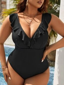 SHEIN VCAY Bañador una pieza ribete con fruncido - Negro - Ver 6
