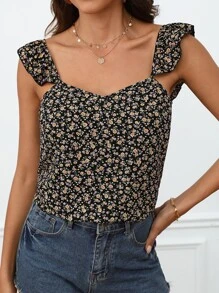 SHEIN Frenchy Ditsy Floral Tie Backless Ruffle Trim Top - Multicolor - View 3