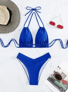 Swim Vcay Halter Triangle Bikini Set,Summer Beach - Royal Blue - View 7