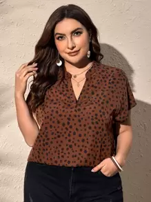 SHEIN Clasi Blusa con estampado de lunares de cuello de muesca de manga murciélago - Óxido marrón - Ver 1