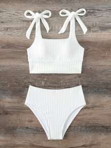 SHEIN Swim 夏季海滩系肩高腰比基尼套装 - 白色 - 查看 6