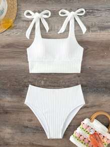 SHEIN Swim 夏季海滩系肩高腰比基尼套装 - 白色 - 查看 5