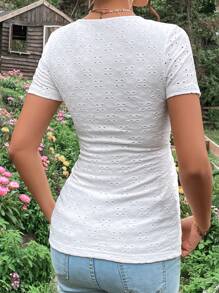 SHEIN Maternity Eyelet Embroidery Tie Front Tee - White - View 2