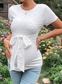 SHEIN Maternity Eyelet Embroidery Tie Front Tee - White - View 4