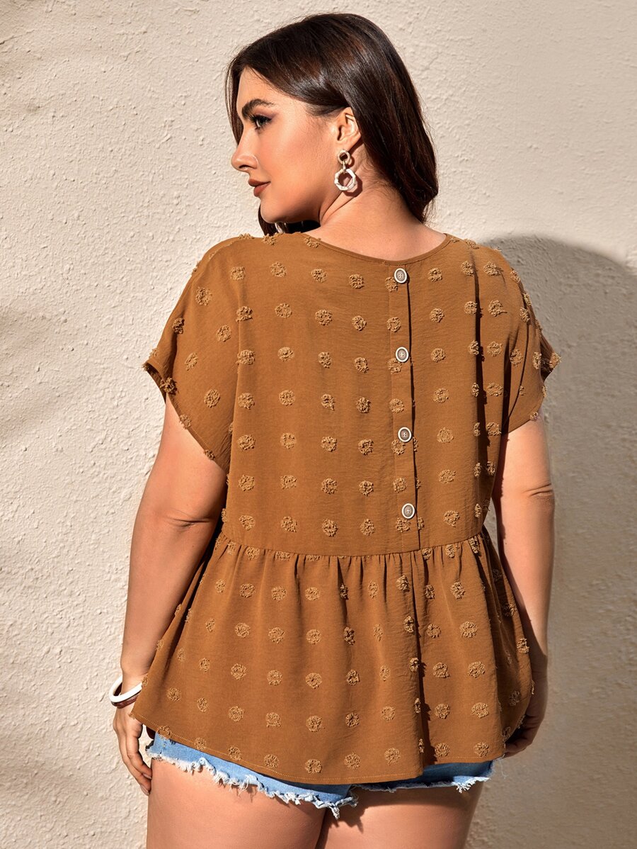 SHEIN LUNE Plus Swiss Dot Button Back Batwing Sleeve Peplum Blouse - Brown - View 1