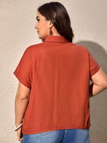 SHEIN LUNE Plus Solid Button Front Shirt - Burnt Orange - View 2