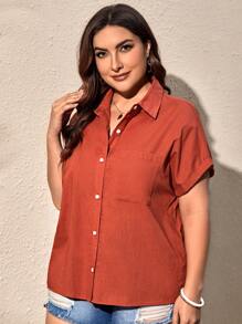 SHEIN LUNE Plus Solid Button Front Shirt - Burnt Orange - View 3
