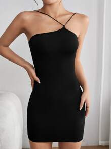 SHEIN PETITE Đầm Bất đối xứng Lộ Lưng màu trơn Gợi cảm - màu đen - Xem 1
