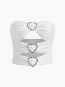 SHEIN ICON Áo nữ Cắt ra Pha lê kim cương màu trơn Giải trí - trắng - Xem 1
