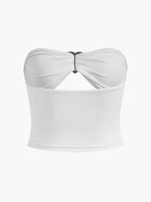 SHEIN ICON Áo nữ Cắt ra Pha lê kim cương màu trơn Giải trí - trắng - Xem 2