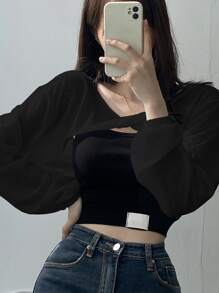 DAZY Solid Drop Shoulder Crop Top Without Cami Top,Fall Clothes Long Sleeve Women Tops - Black - View 1