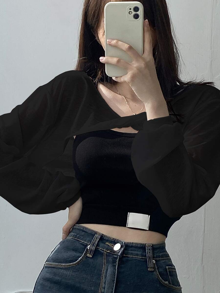 DAZY Solid Drop Shoulder Crop Top Without Cami Top,Fall Clothes Long Sleeve Women Tops - Black - View 1