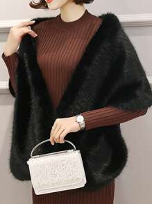 Solid Fuzzy Wedding Wrap Fall Clothes For Women - Black - View 1