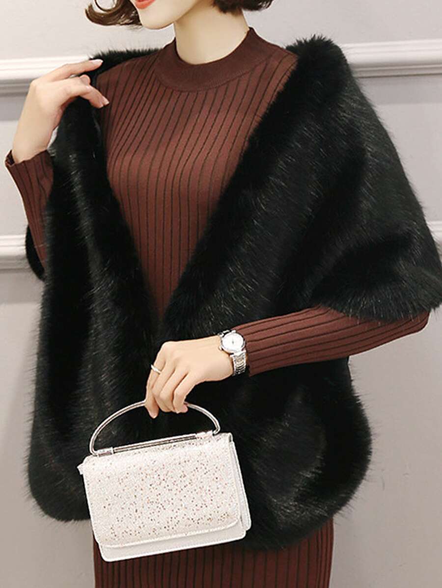 Solid Fuzzy Wedding Wrap Fall Clothes For Women - Black - View 1