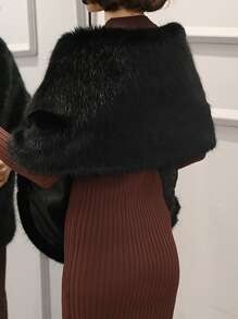 Solid Fuzzy Wedding Wrap Fall Clothes For Women - Black - View 2