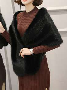 Solid Fuzzy Wedding Wrap Fall Clothes For Women - Black - View 3