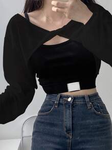 DAZY Solid Drop Shoulder Crop Top Without Cami Top,Fall Clothes Long Sleeve Women Tops - Black - View 6