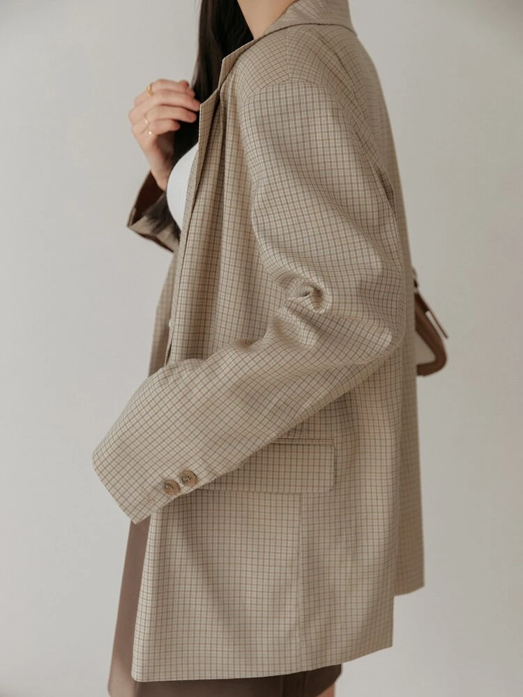 Blazer con estampado de cuadros de cuello con solapa con diseño de solapa con botón