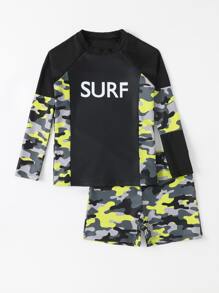 男孩迷彩和字母圖案沙灘泳裝