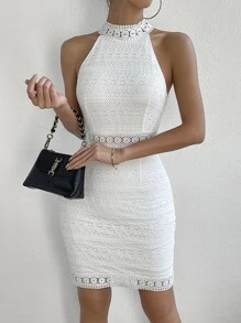 Chiquease Guipure Lace Halter Bodycon Dress - White - View 5