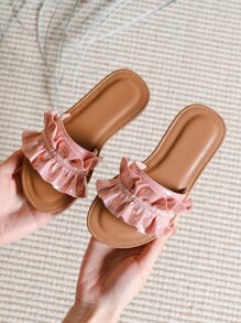 魅力四射拖鞋適用於女孩荷葉邊細節單帶戶外拖鞋 - 粉色 - 查看 4