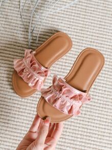 魅力四射拖鞋適用於女孩荷葉邊細節單帶戶外拖鞋 - 粉色 - 查看 5