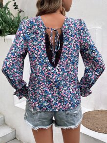 SHEIN Frenchy Áo sơ mi nữ Tương phản ren Xù Buộc lại Họa tiết hoa Boho - Nhiều màu - Xem 3