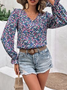 SHEIN Frenchy Áo sơ mi nữ Tương phản ren Xù Buộc lại Họa tiết hoa Boho - Nhiều màu - Xem 4