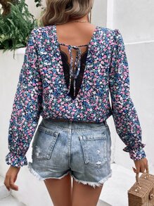 SHEIN Frenchy Áo sơ mi nữ Tương phản ren Xù Buộc lại Họa tiết hoa Boho - Nhiều màu - Xem 5