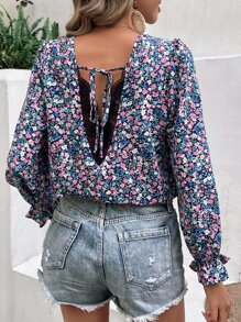 SHEIN Frenchy Áo sơ mi nữ Tương phản ren Xù Buộc lại Họa tiết hoa Boho - Nhiều màu - Xem 6