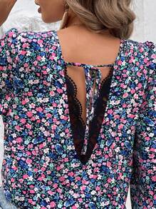 SHEIN Frenchy Áo sơ mi nữ Tương phản ren Xù Buộc lại Họa tiết hoa Boho - Nhiều màu - Xem 7