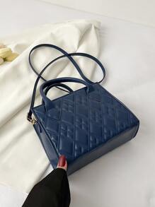 Quilted Double Handle Square Bag - Blue - View 1