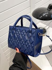 Quilted Double Handle Square Bag - Blue - View 6