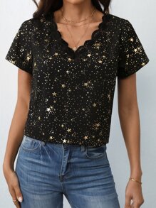SHEIN Frenchy Gold Star Print Contrast Mesh Embroidery Trim Blouse - Black - View 1