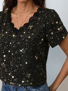 SHEIN Frenchy Gold Star Print Contrast Mesh Embroidery Trim Blouse - Black - View 2