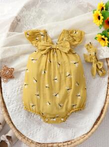 嬰兒蜻蜓印花荷葉邊前蝴蝶結連體衣和配件髮箍 - 芥末黃 - 查看 1