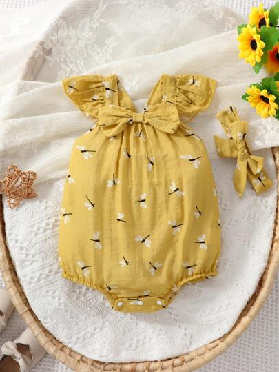 嬰兒蜻蜓印花荷葉邊前蝴蝶結連體衣和配件髮箍