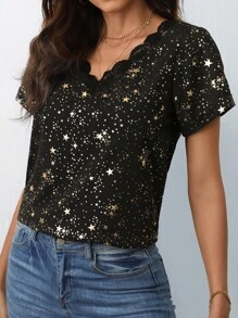 SHEIN Frenchy Gold Star Print Contrast Mesh Embroidery Trim Blouse - Black - View 4