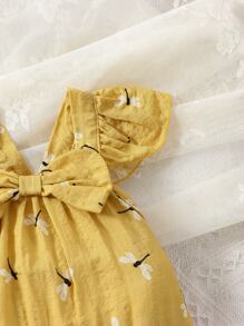 嬰兒蜻蜓印花荷葉邊前蝴蝶結連體衣和配件髮箍 - 芥末黃 - 查看 3